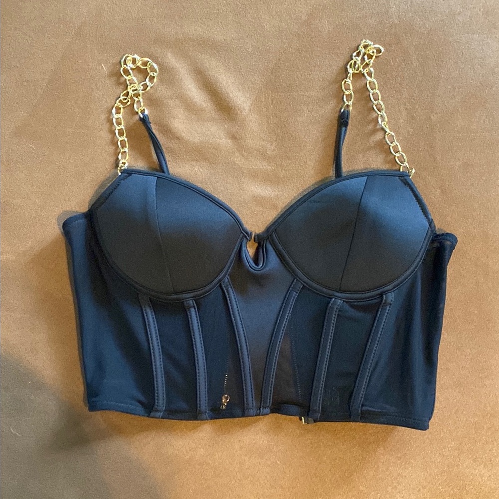 Chic Black Bustier with Gold Chain Straps
